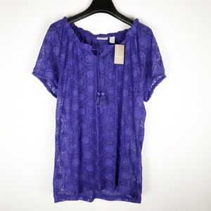 Chicos embroidered purple lace top with tassel